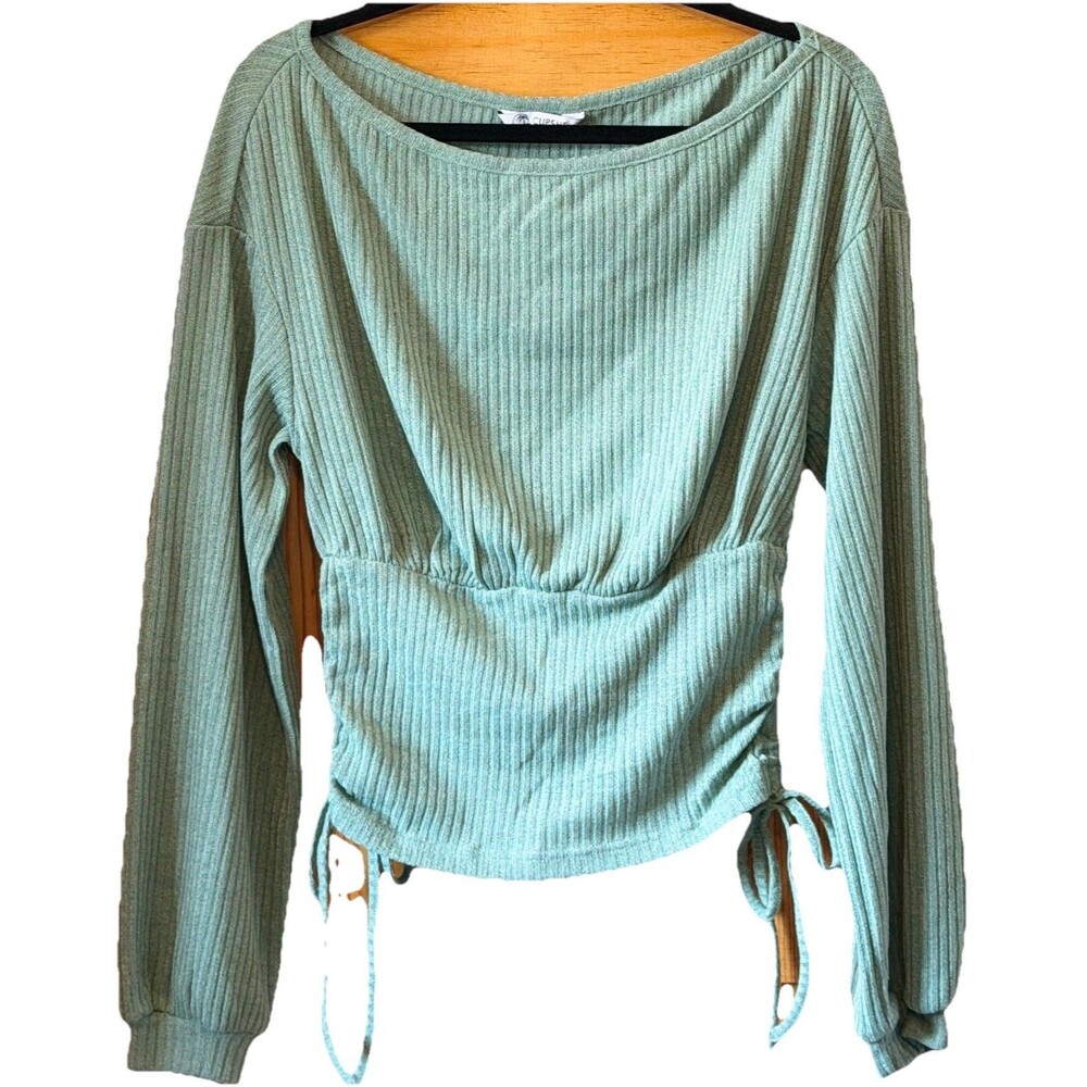 Cupshe NWT Sage Green Ribbed Knit Long Sleeve Drawstring Waist Blouse Top M